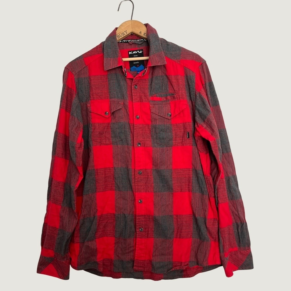 KAVU Mens‎ Klear Above Buffalo Plaid Flannel Shirt Red Grey Button Up Medium